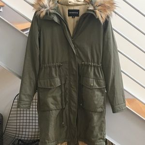 Olive Parka Jacket w/ Faux Fur Hood